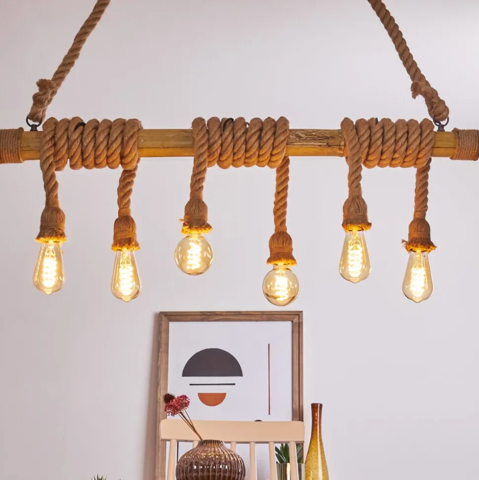 Suspension Menamini Anthracite, Brun, Bois Fonce, 6 Lumieres