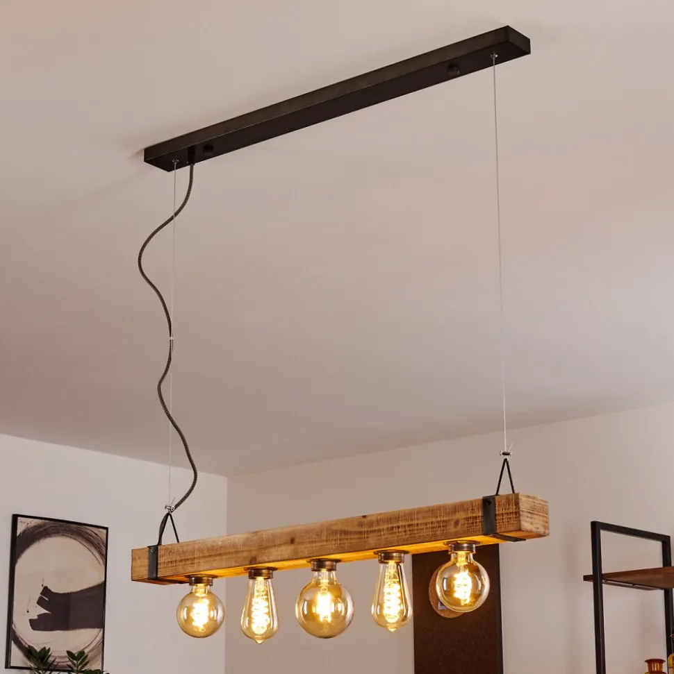 Suspension Montgomery Bois Clair, Noir, 5 Lumieres