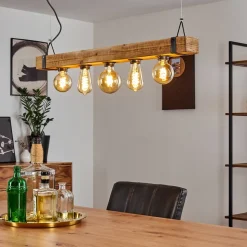 Suspension Montgomery Bois Clair, Noir, 5 Lumieres