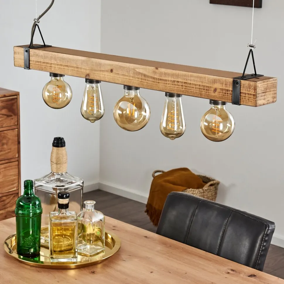Suspension Montgomery Bois Clair, Noir, 5 Lumieres