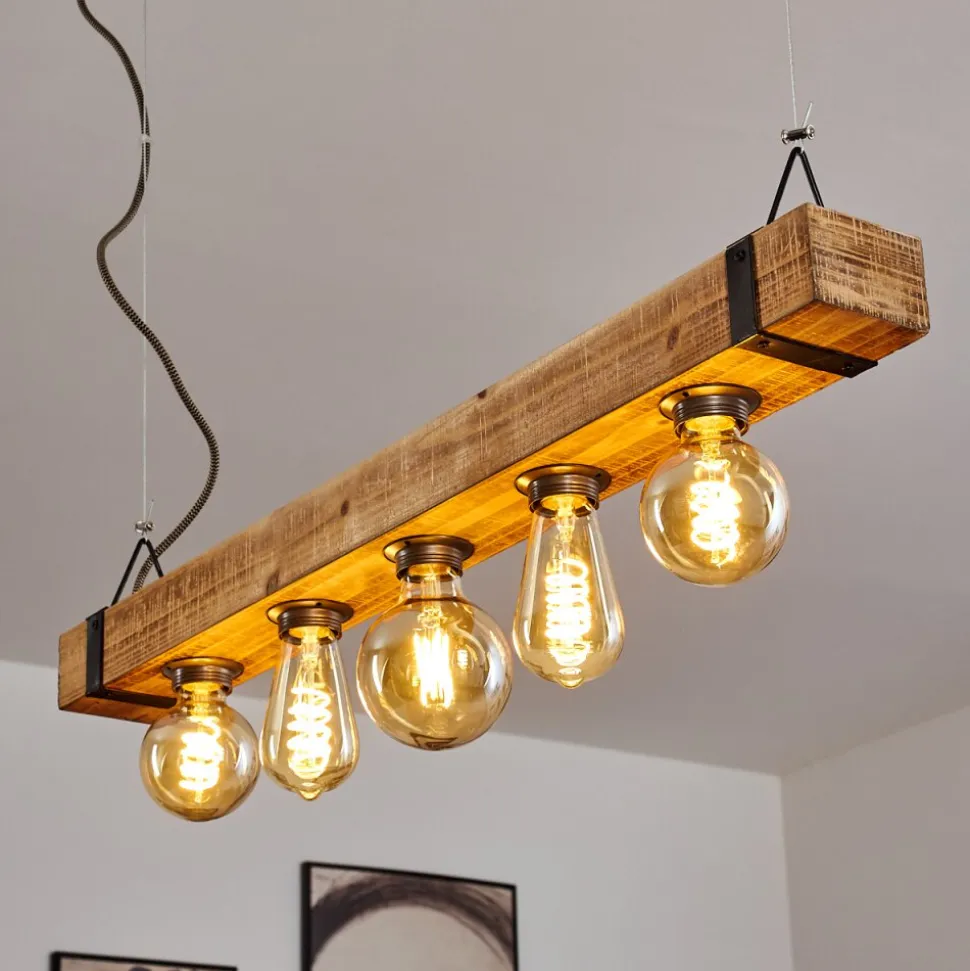 Suspension Montgomery Bois Clair, Noir, 5 Lumieres