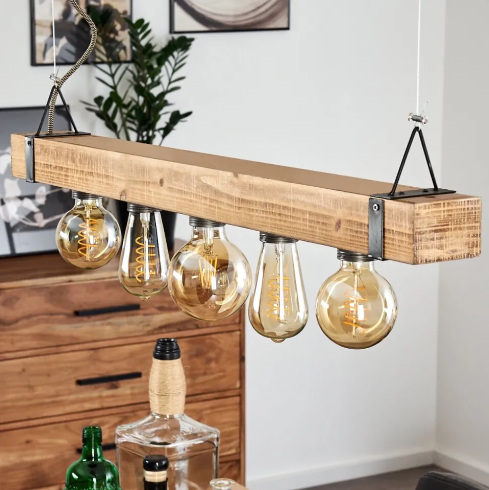 Suspension Montgomery Bois Clair, Noir, 5 Lumieres