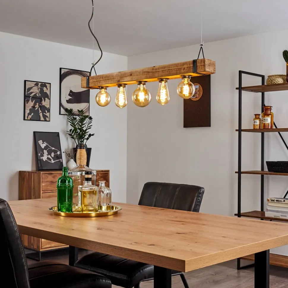 Suspension Montgomery Bois Clair, Noir, 5 Lumieres