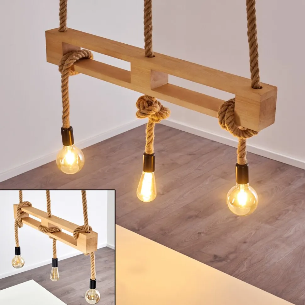 Suspension Riekje Brun, Bois Clair, Noir, 3 Lumieres