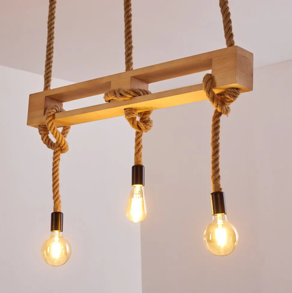 Suspension Riekje Brun, Bois Clair, Noir, 3 Lumieres