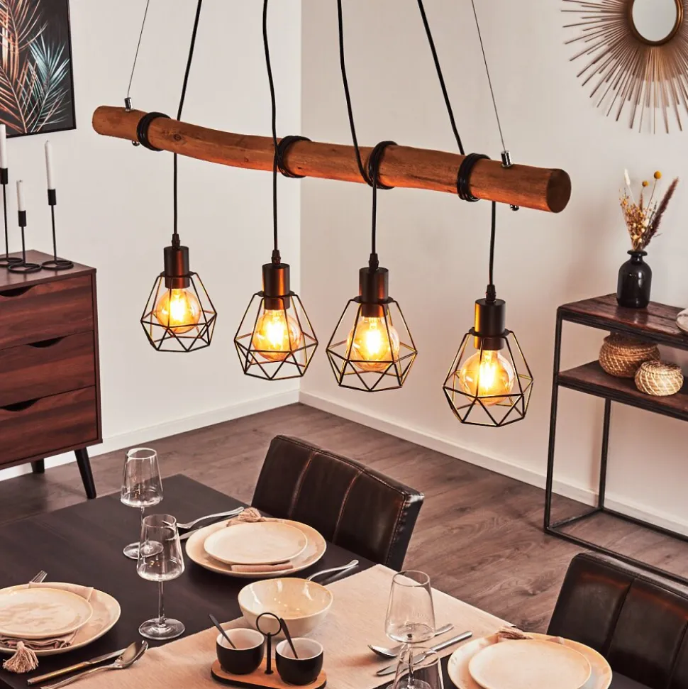 Suspension Seegaard Bois Clair, Noir, 4 Lumieres