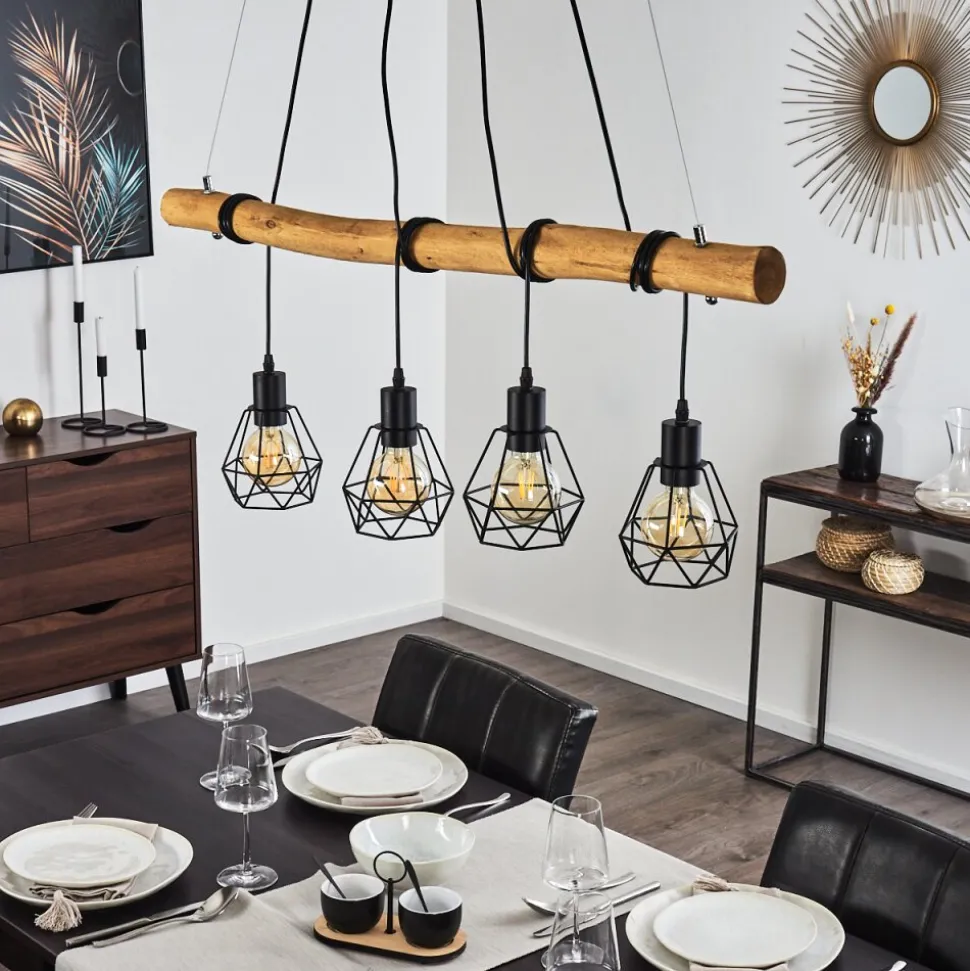 Suspension Seegaard Bois Clair, Noir, 4 Lumieres