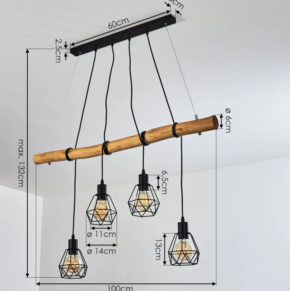 Suspension Seegaard Bois Clair, Noir, 4 Lumieres