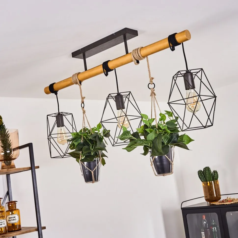 Suspension Taheramo Bois Clair, Noir, 3 Lumieres
