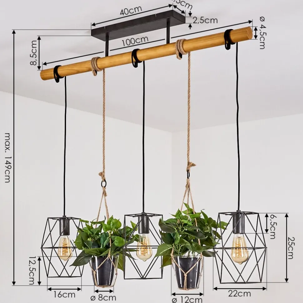 Suspension Taheramo Bois Clair, Noir, 3 Lumieres