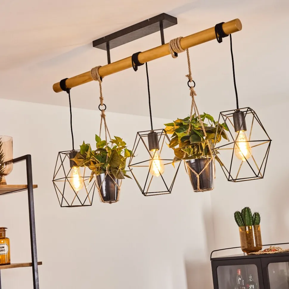Suspension Taheramo Bois Clair, Noir, 3 Lumieres