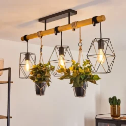 Suspension Taheramo Bois Clair, Noir, 3 Lumieres