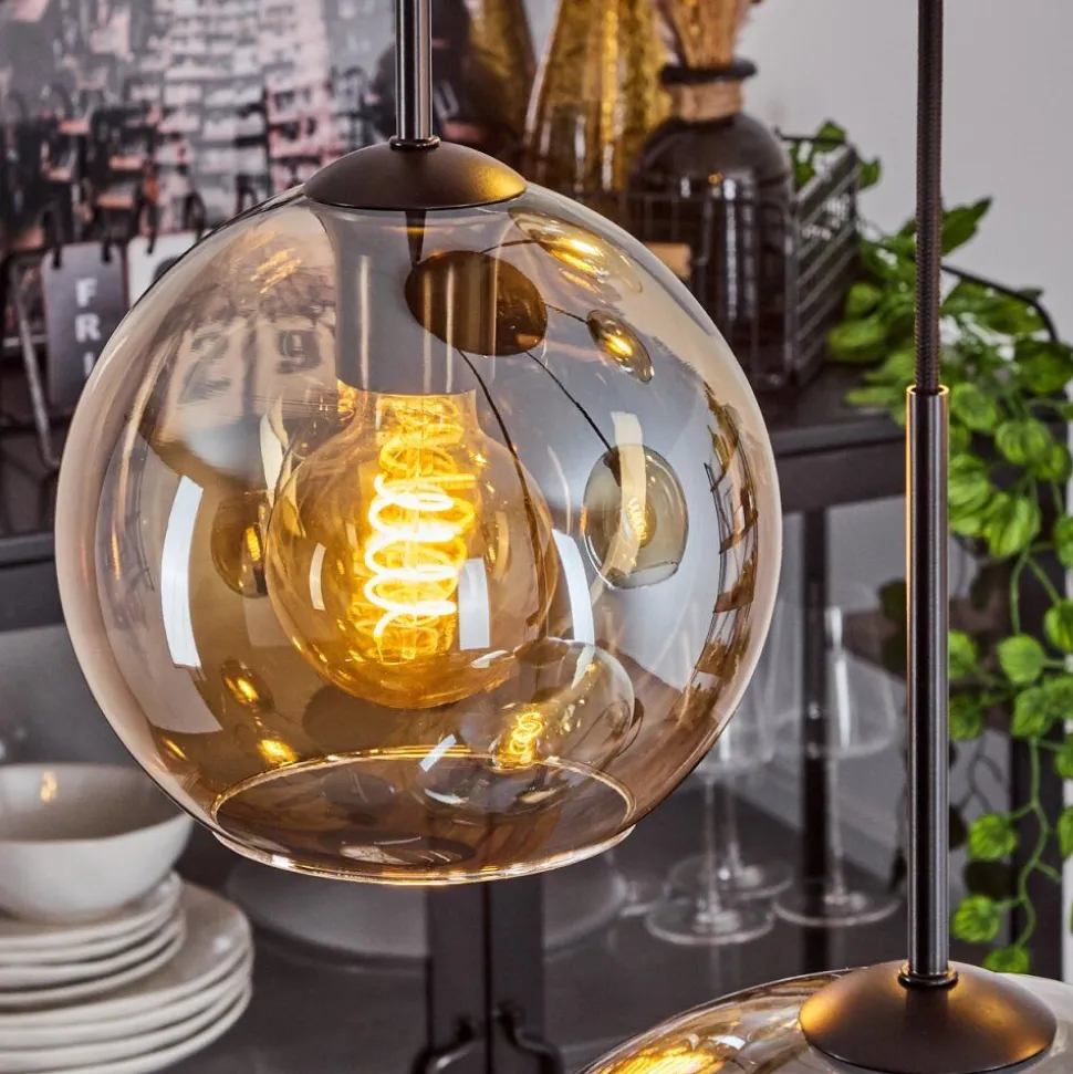 Suspension Verre 15 Cm, 20 Cm, 25 Cm, 30Cm Koyoto Ambre, 5 Lumieres