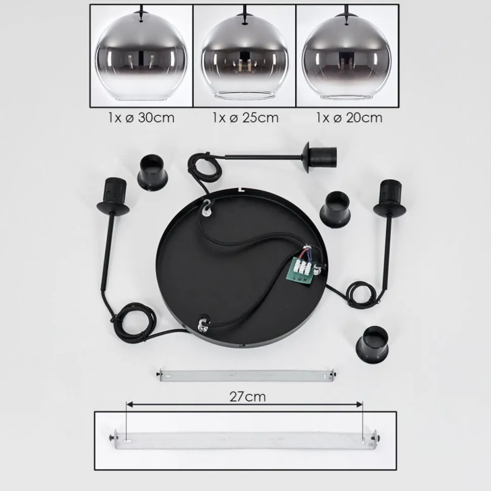 Suspension Verre 20 Cm, 25 Cm, 30Cm Koyoto Chrome, Clair, Fume, 3 Lumieres