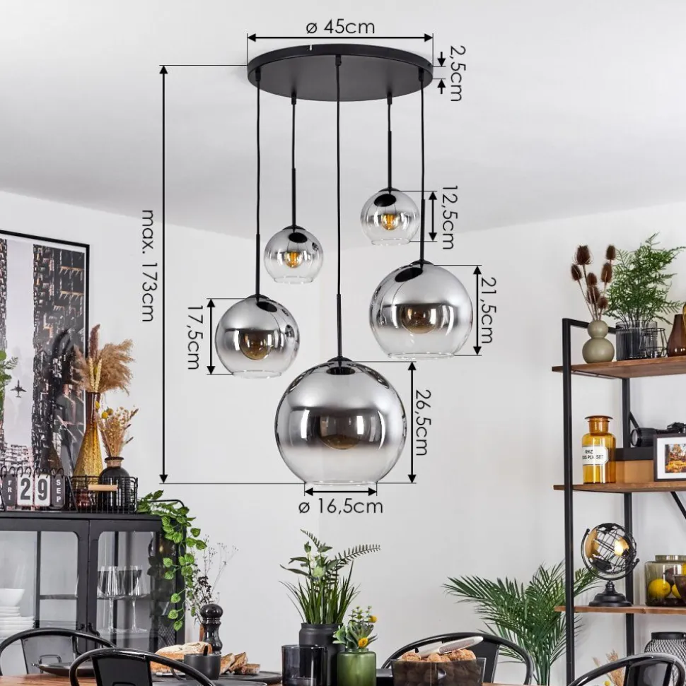 Suspension Verre 15 Cm, 20 Cm, 25 Cm, 30Cm Koyoto Clair, Fume, 5 Lumieres