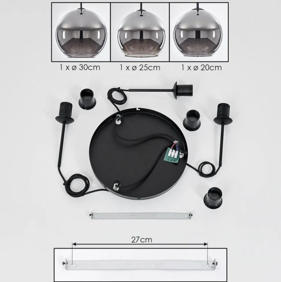 Suspension Verre 20 Cm, 25 Cm, 30Cm Koyoto Chrome, Fume, 3 Lumieres