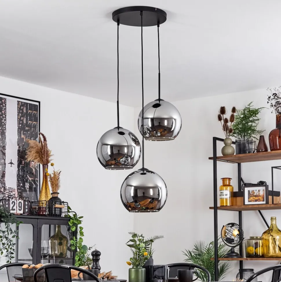 Suspension Verre 25 Cm Koyoto Chrome, Fume, 3 Lumieres