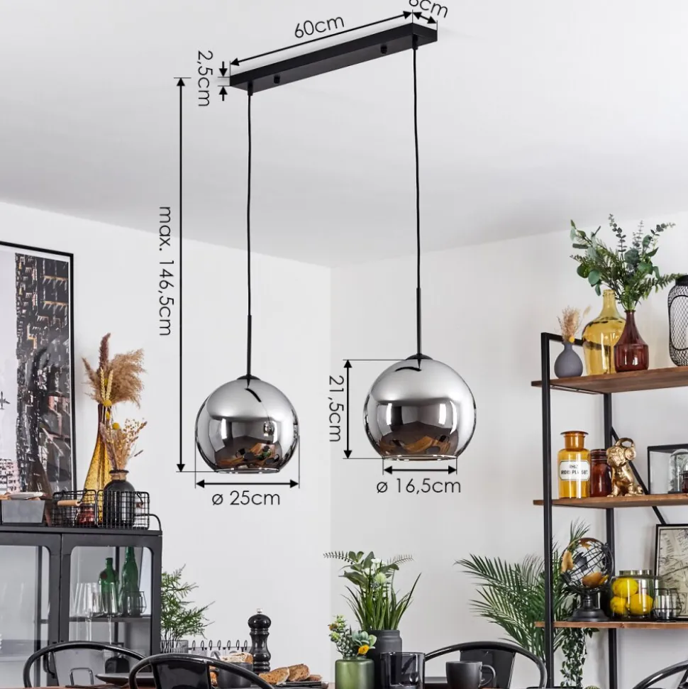 Suspension Verre 25 Cm Koyoto Chrome, Fume, 2 Lumieres
