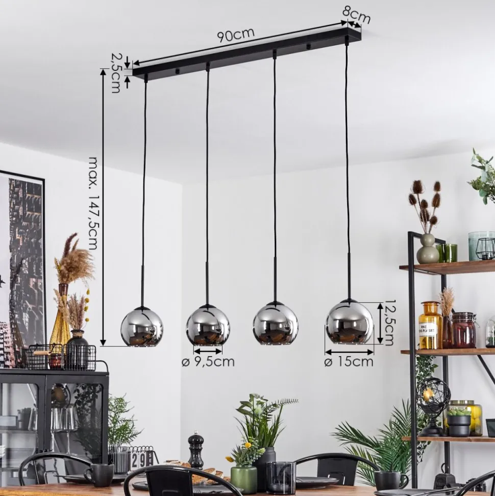 Suspension Verre 15 Cm Koyoto Chrome, Fume, 4 Lumieres