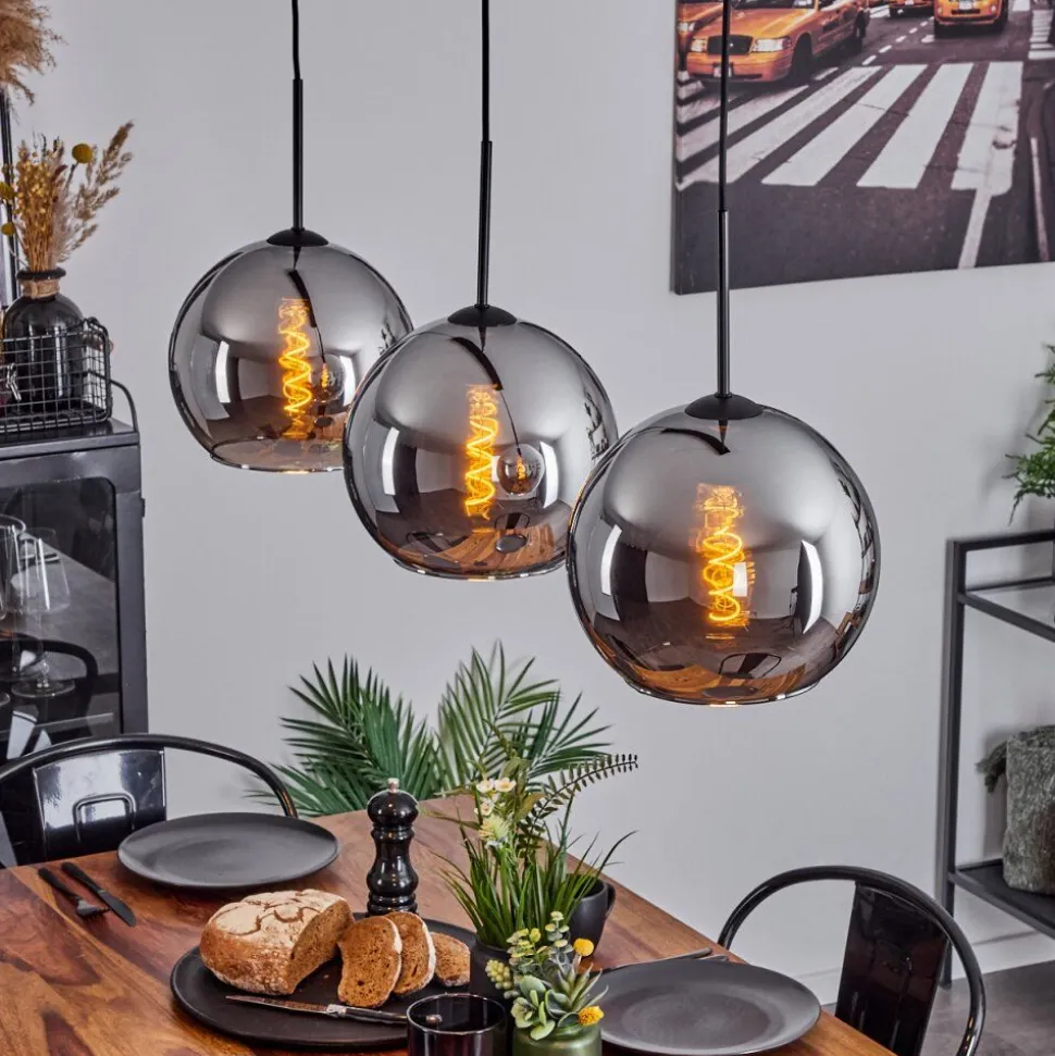 Suspension Verre 25 Cm Koyoto Chrome, Fume, 3 Lumieres