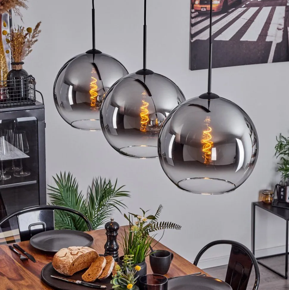 Suspension Verre 30 Cm Koyoto Chrome, Clair, Fume, 3 Lumieres