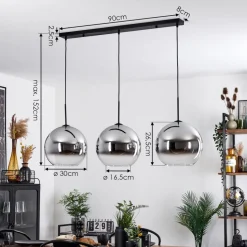 Suspension Verre 30 Cm Koyoto Chrome, Clair, Fume, 3 Lumieres
