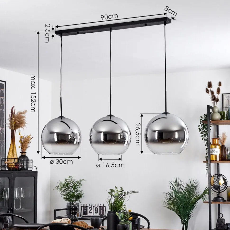 Suspension Verre 30 Cm Koyoto Chrome, Clair, Fume, 3 Lumieres