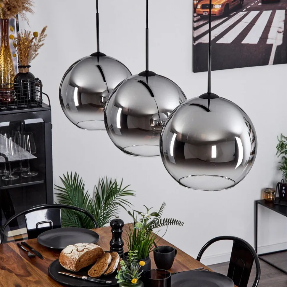 Suspension Verre 30 Cm Koyoto Chrome, Clair, Fume, 3 Lumieres