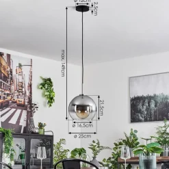 Suspension Verre 25 Cm Koyoto Noir, Argente, 1 Lumiere