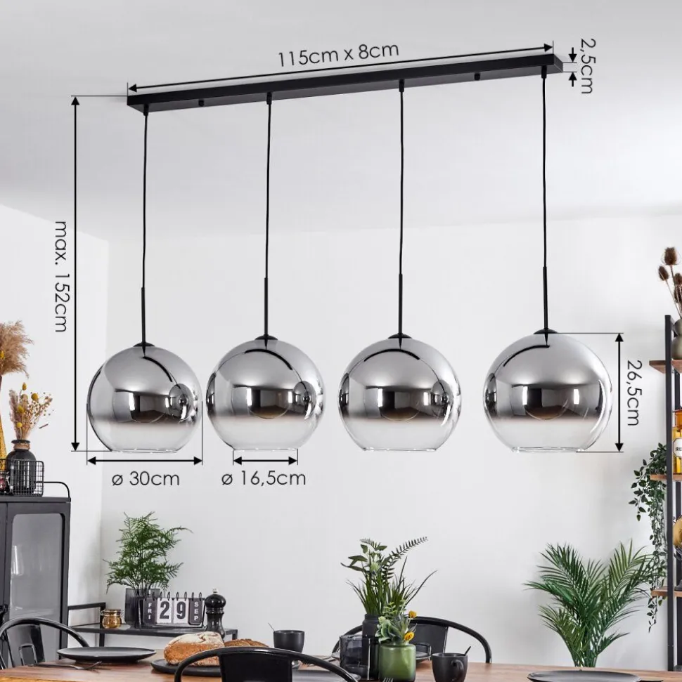 Suspension Verre 30 Cm Koyoto Chrome, Clair, Fume, 4 Lumieres