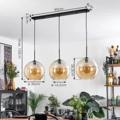 Suspension Verre 30 Cm Koyoto Ambre, 3 Lumieres