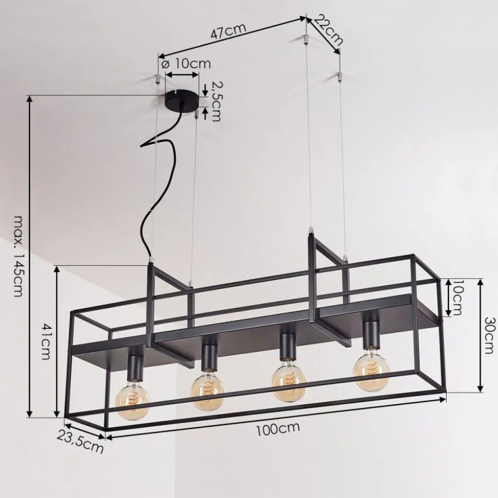 Suspension Victorine Chrome, Noir, 4 Lumieres