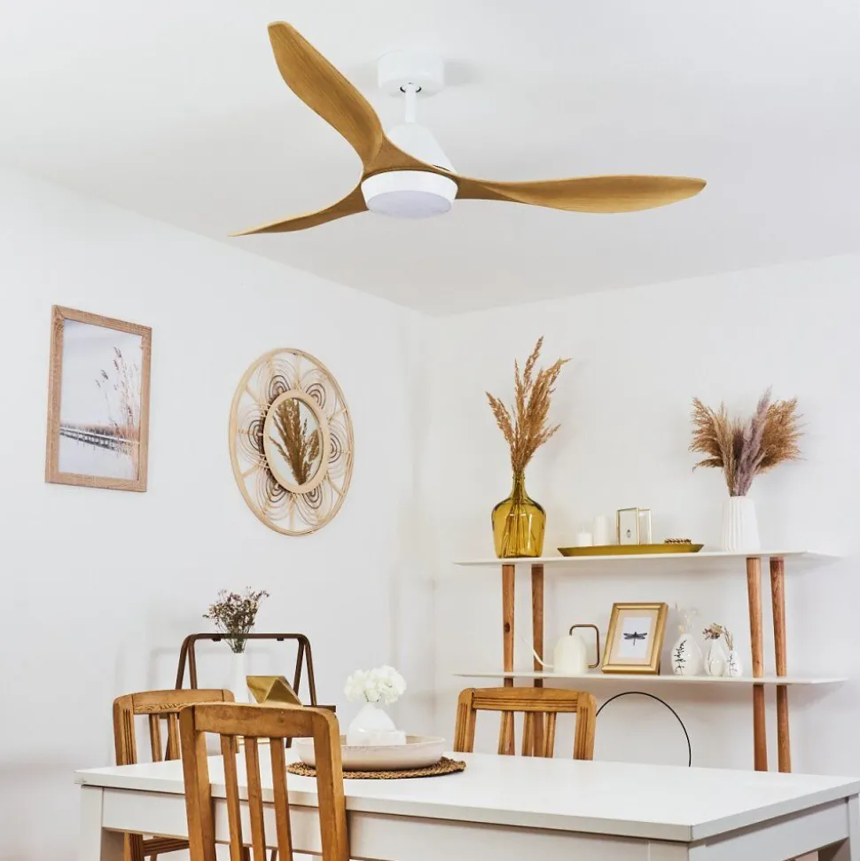 Ventilateur De Plafond Follseland Led Brun Clair, Couleur Bois, Blanc, 1 Lumiere, Telecommandes