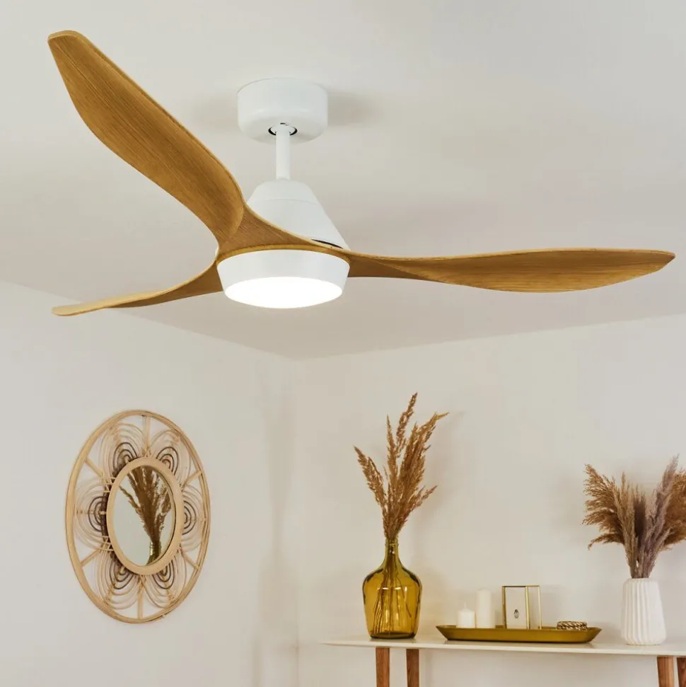 Ventilateur De Plafond Follseland Led Brun Clair, Couleur Bois, Blanc, 1 Lumiere, Telecommandes