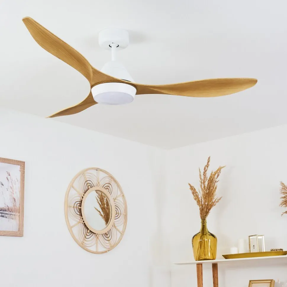 Ventilateur De Plafond Follseland Led Brun Clair, Couleur Bois, Blanc, 1 Lumiere, Telecommandes