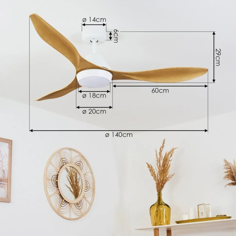 Ventilateur De Plafond Follseland Led Brun Clair, Couleur Bois, Blanc, 1 Lumiere, Telecommandes