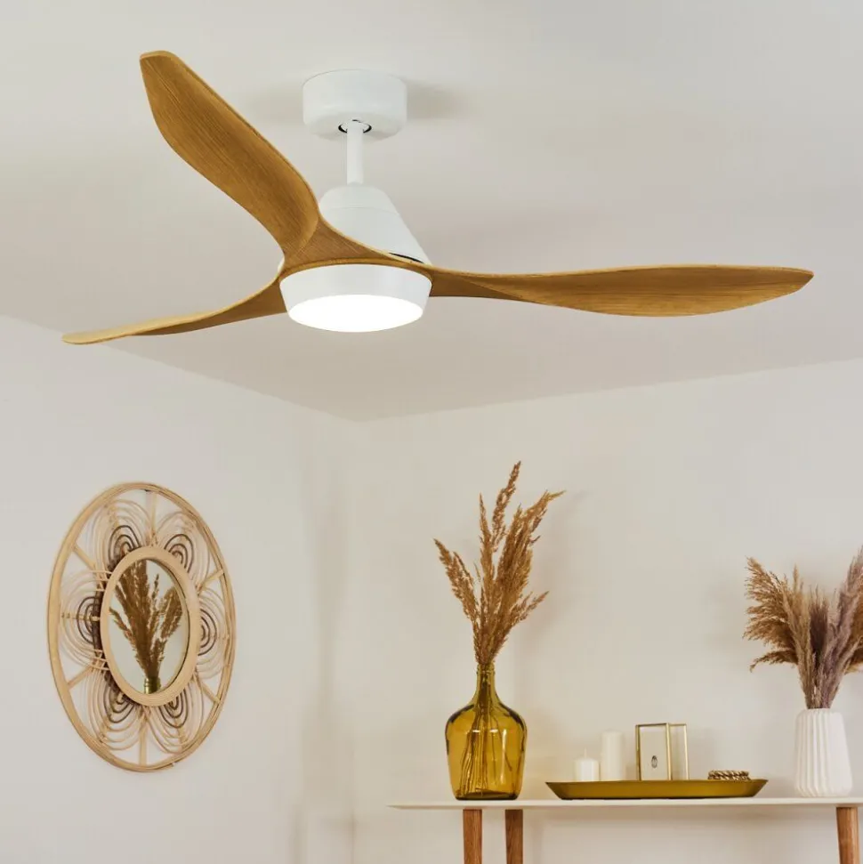 Ventilateur De Plafond Follseland Led Brun Clair, Couleur Bois, Blanc, 1 Lumiere, Telecommandes
