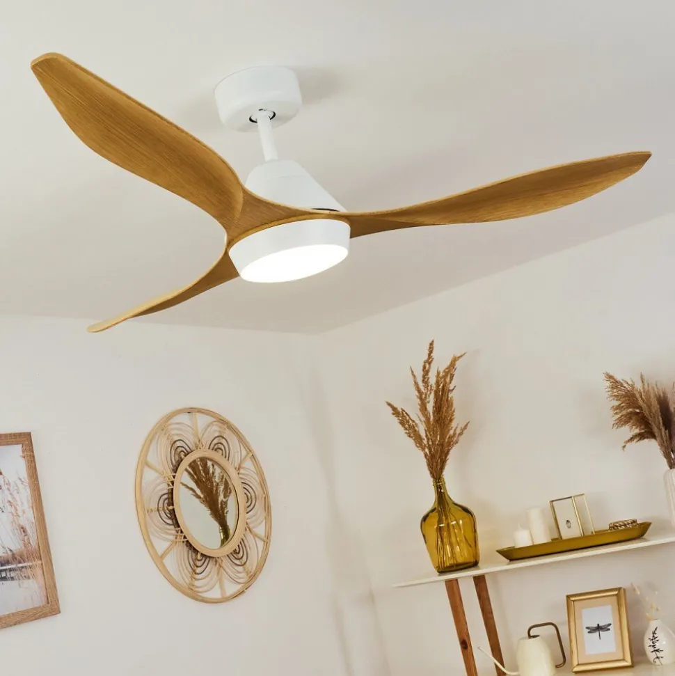 Ventilateur De Plafond Follseland Led Brun Clair, Couleur Bois, Blanc, 1 Lumiere, Telecommandes