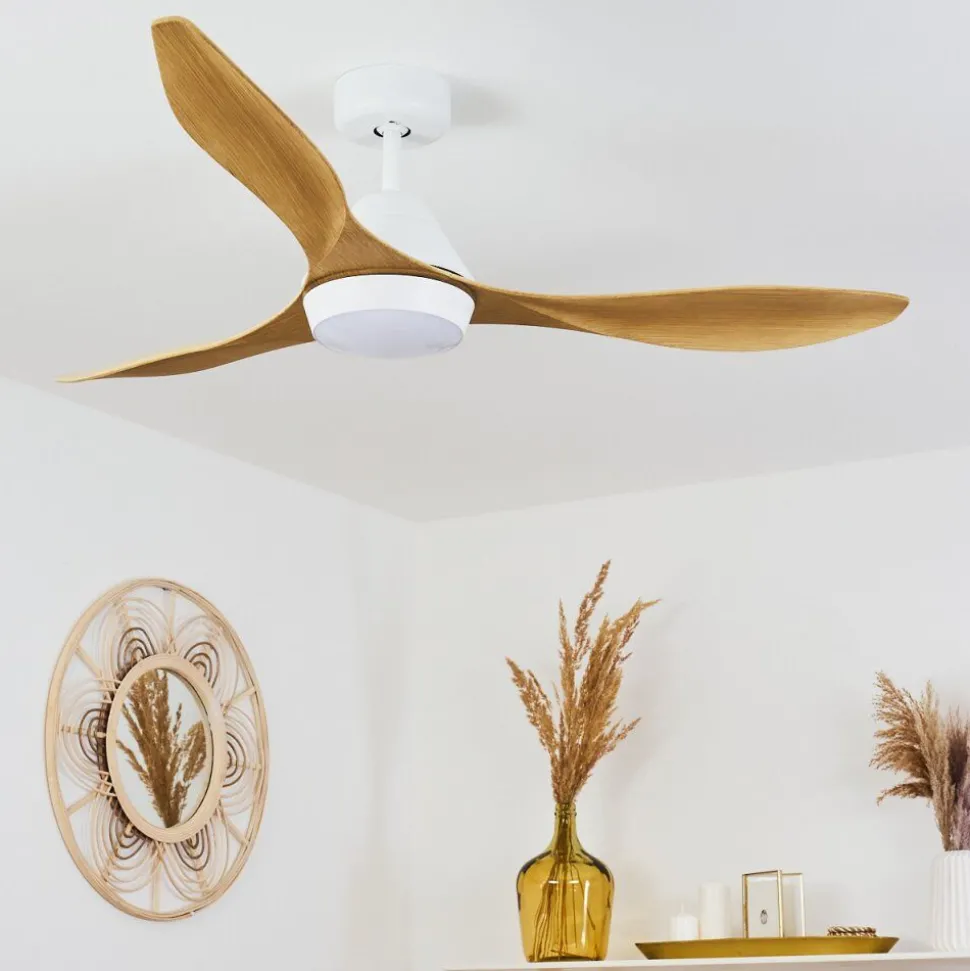 Ventilateur De Plafond Follseland Led Brun Clair, Couleur Bois, Blanc, 1 Lumiere, Telecommandes